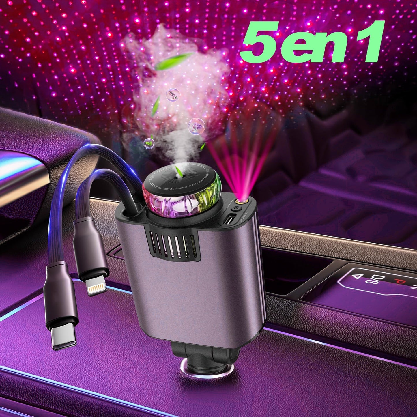 Chargeur Intelligent 5-en-1 : Parfume, Recharge et Illumine Votre Voiture